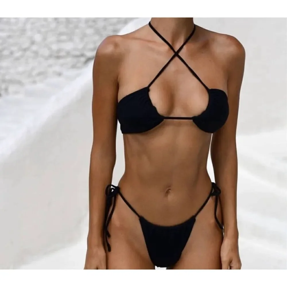 Monica Hansen Bond Girl Halter Bikini Top Black Metallic Nwt Size Small